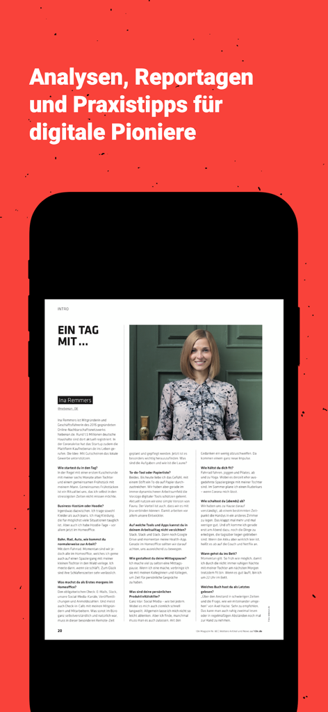 A smartphone screen displaying the t3n Magazin app with an interview article titled Ein Tag mit