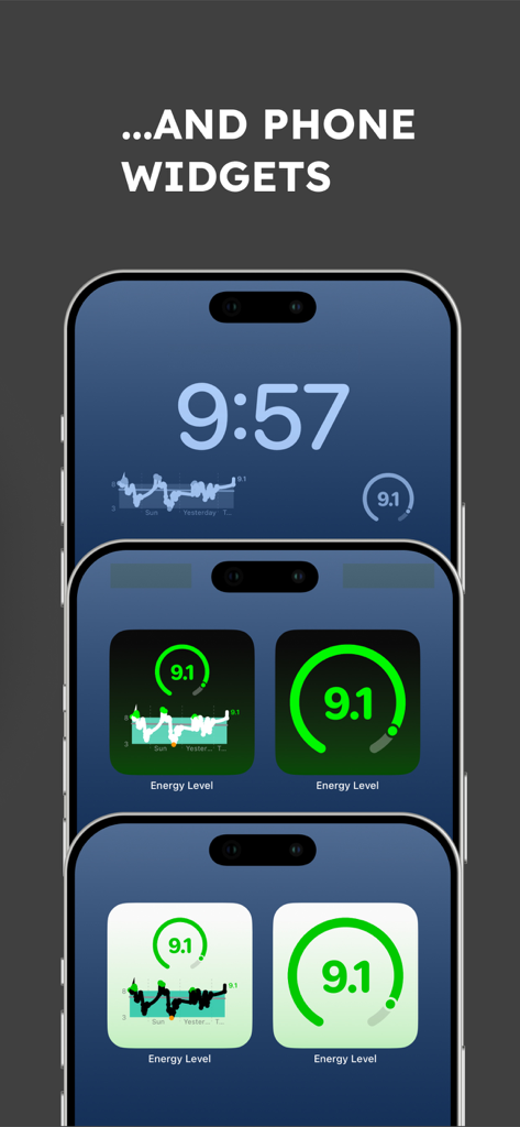 Widgets de l'application Niveau d'Énergie affichés sur les écrans de verrouillage et d'accueil de l'iPhone en modes clair et sombre