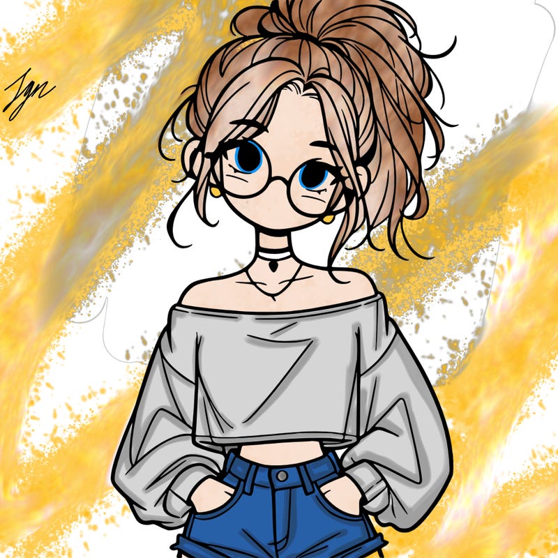 girl with a messy ponytail glasses a baggy crop top and jean shorts