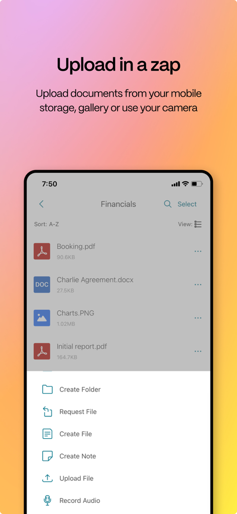 ShareFile-Mobil-Oberfläche mit dem Dokumenten-Upload-Menü und dem Dateiverwaltungsbildschirm für Geschäftsleute.