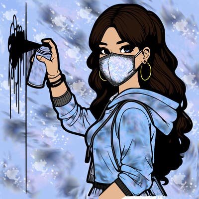 realistic girl with mask spray painting a wall