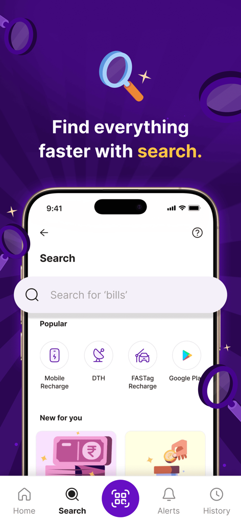 PhonePe app search interface displaying options for mobile recharge and DTH payments