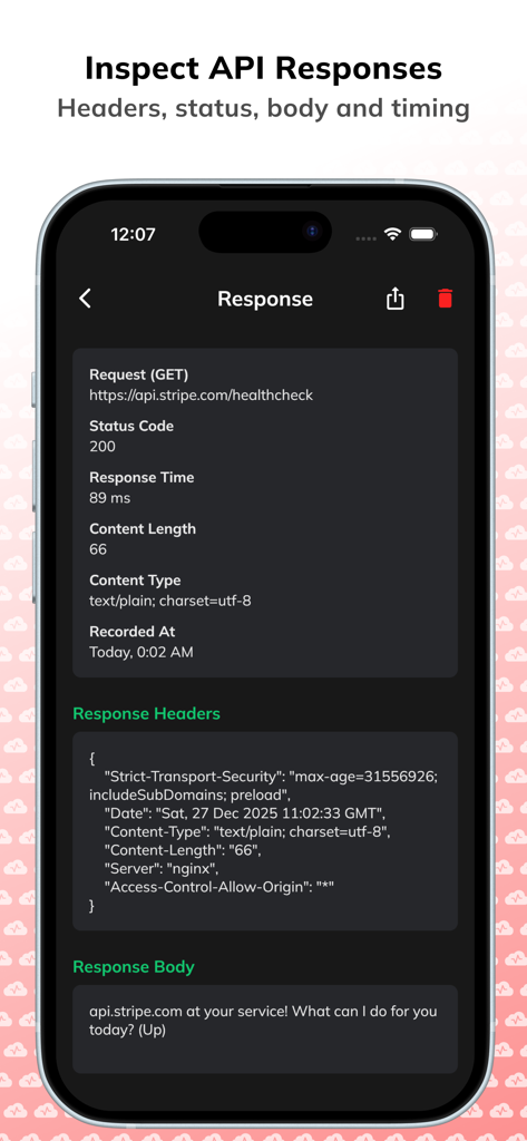API response details screen showing headers and status code in the Hapi app