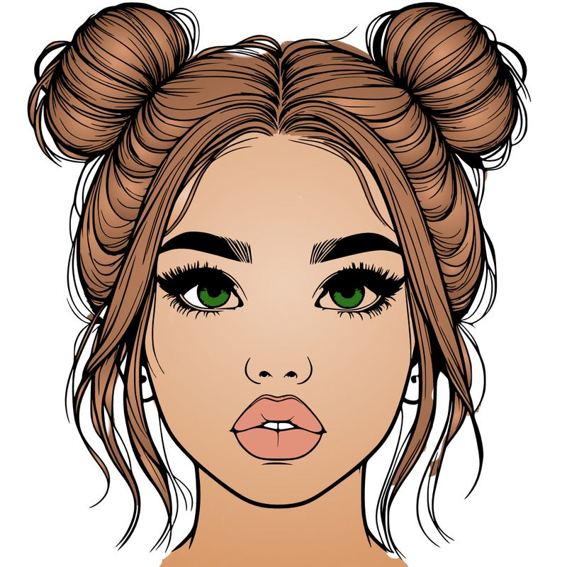 realistic girl with two buns on her hair and lips