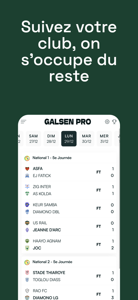 Galsen Pro - Galsen Pro app interface showing live football scores and results for Senegalese leagues.