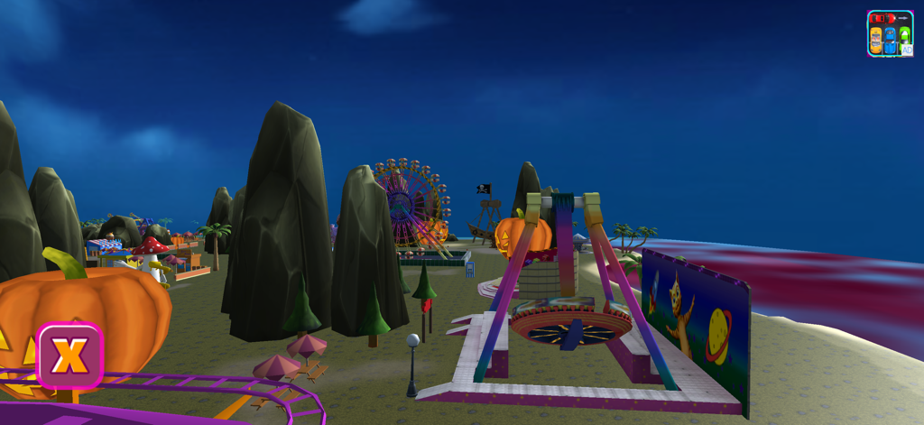 Halloween Cat Theme Park 3D - Una vista 3D del Parque Temático Halloween Cat que presenta varias atracciones como una noria y un péndulo oscilante por la noche