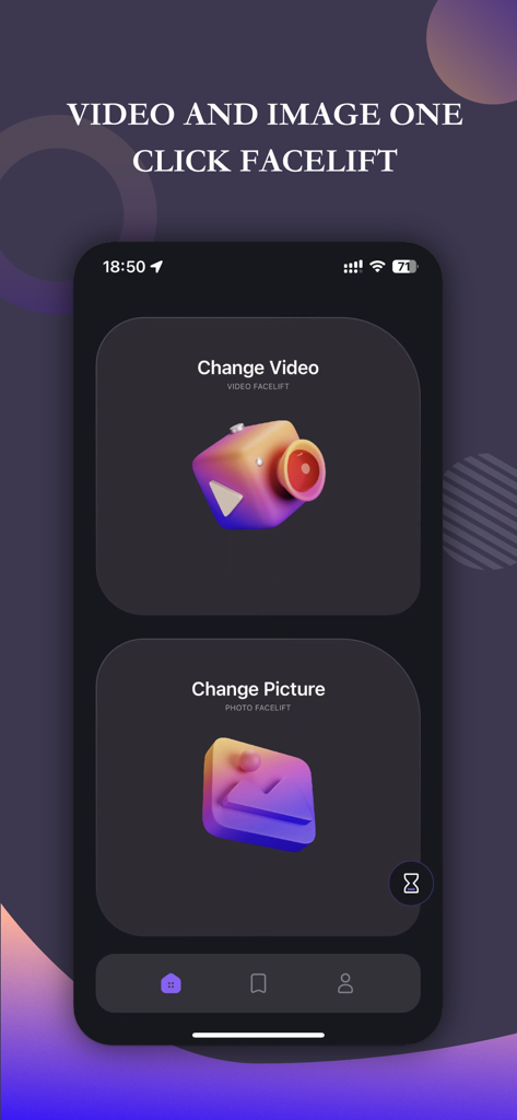 AI 얼굴 변경기 앱 인터페이스, 영상 및 사진 얼굴 바꾸기 옵션을 보여줍니다.