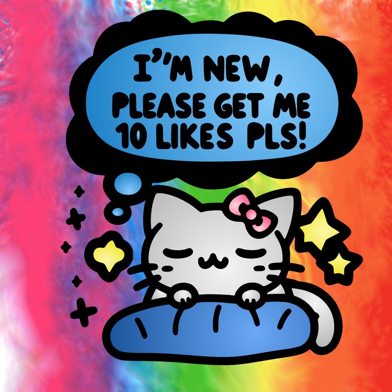 kitty taking a nap dream talking and saying "i'm new, please get me at least 10 likes pls!!"