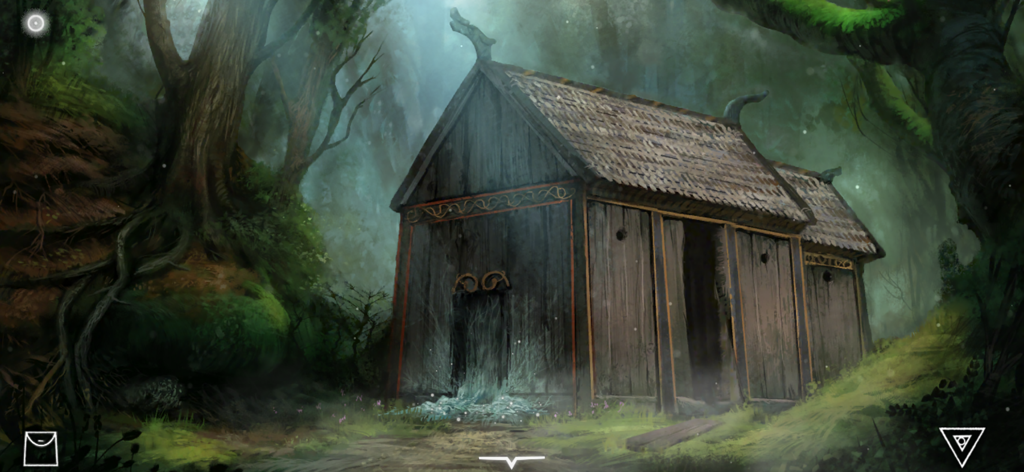 The Frostrune - Hand painted Viking wooden house in a dense misty forest