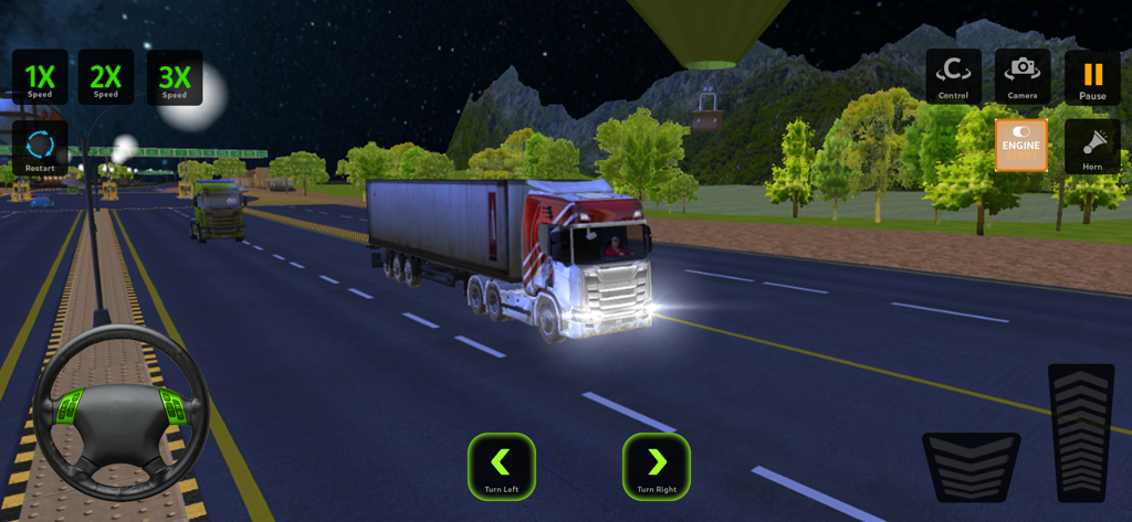European Truck Driving Game - Semi truck driving on a highway at night in a truck simulation game with on screen controls