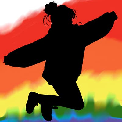 realistic girl jumping with a bun and oversized sweatshirt