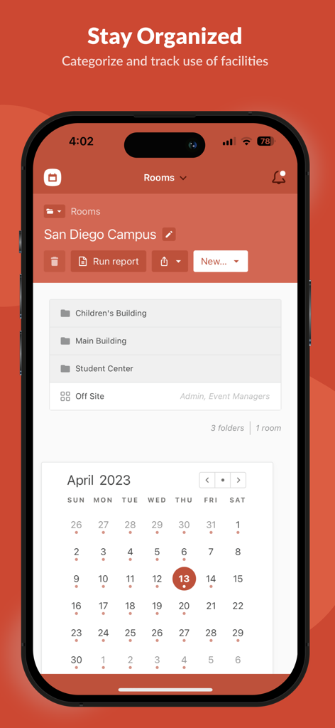 Mobile app interface of Planning Center Calendar showing church campus room folders and a monthly scheduling view