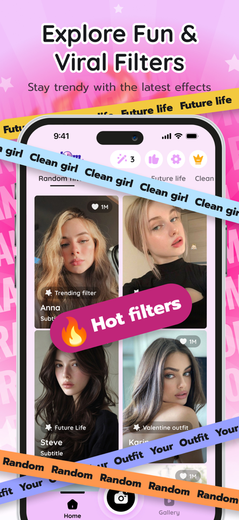 Random Filter: Lovely Tap - Mobile app interface displaying a variety of trending and viral photo filters for social media creators