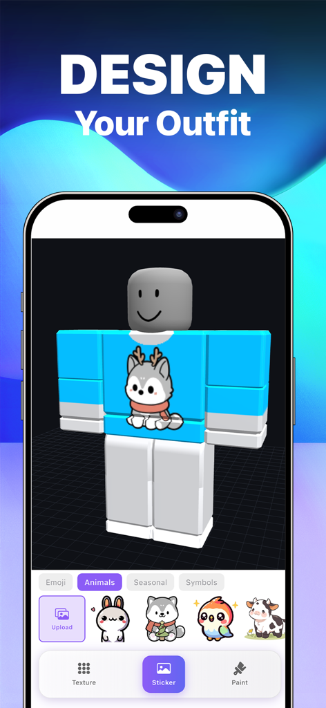Roblox avatar outfit designer interface with cute animal stickers