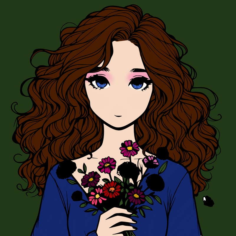 realisitc girl with wavy hair holding flowers