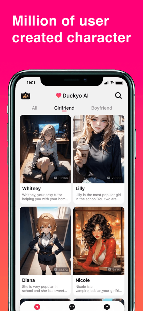 Duckyo AI app interface showing a gallery of user-created anime characters for roleplay chat
