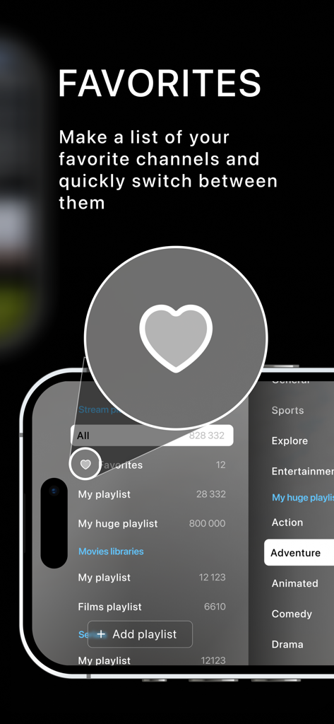 Alice Player IPTV Ott - Pantalla de la función de favoritos de Alice Player IPTV mostrando listas de canales organizadas