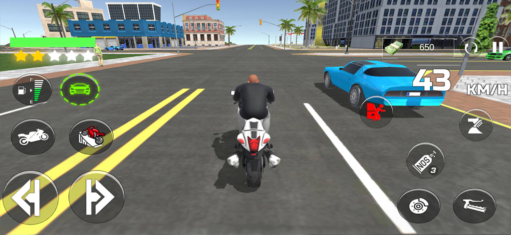 Gangster Life Open World Games - A character riding a white motorcycle through a sunny city street with a blue sports car in the background.
