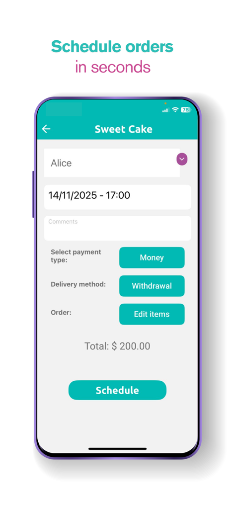 Cake - Schedule - Pantalla de gestión de pedidos de repostería en la app Cake mostrando detalles del cliente y el precio total.
