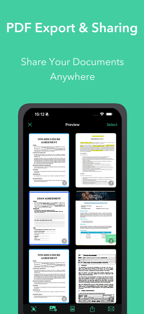 SnapScanner+ PDF, Docs & Cards - iPhone 앱 화면, 비공개 계약서 및 대출 계약서를 포함한 여러 스캔 문서의 미리 보기 표시, PDF 내보내기용