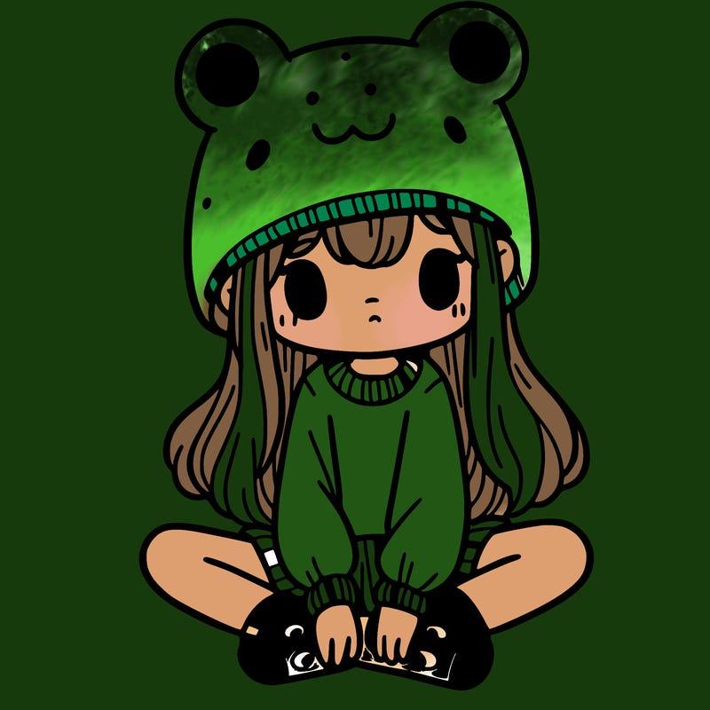 a girl wearing a frog hat and some frog socks