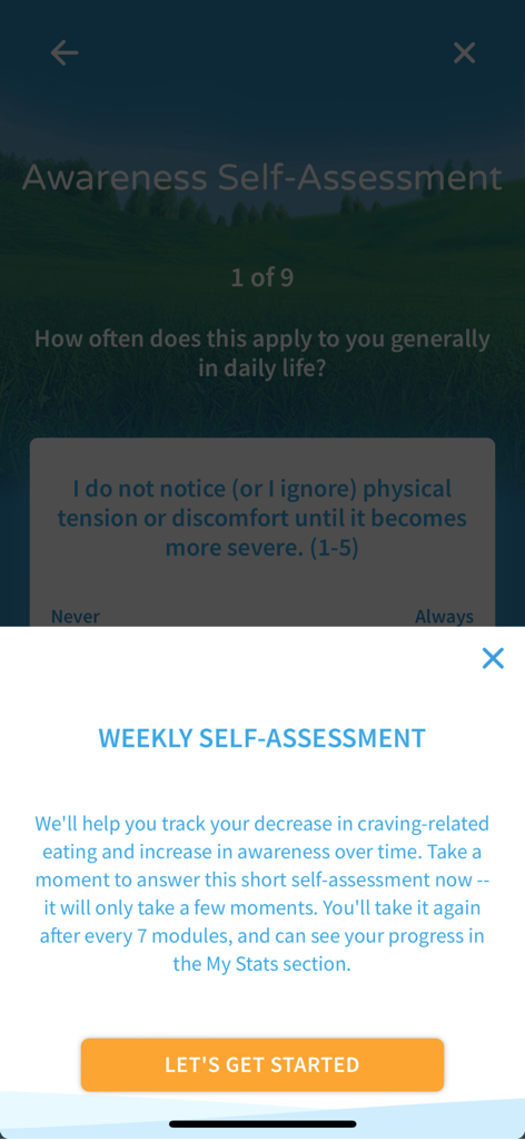 Eat Right Now - Eat Right Now app weekly self assessment pop up screen to track progress in awareness.