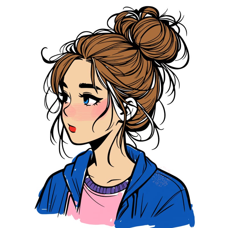 realistic teenage girl with a messy bun