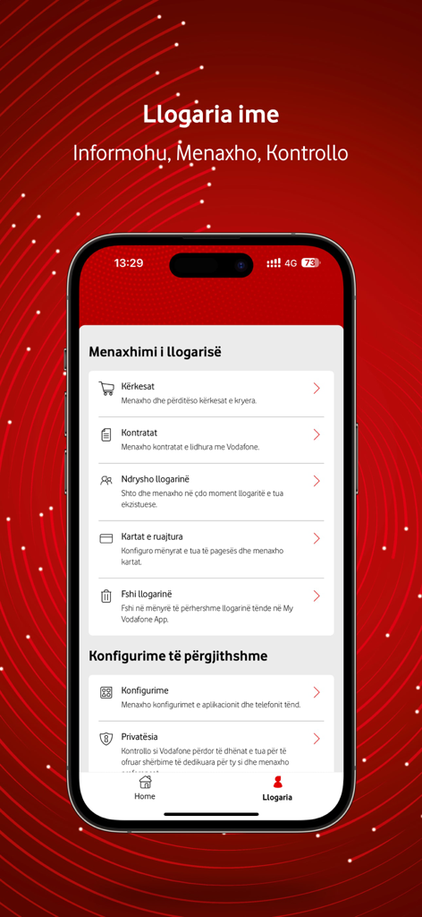 Tela de gerenciamento de conta do aplicativo móvel My Vodafone Albânia mostrando configurações e opções de gerenciamento de contrato