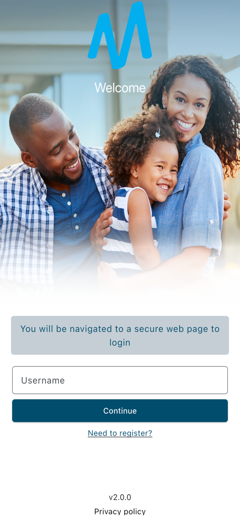 Bestmed app login interface with username field and a smiling family background image