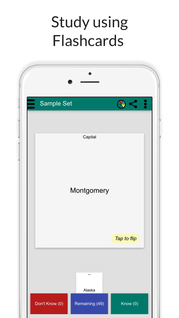 StudyStack mobile app showing a flashcard for study with progress tracking buttons.