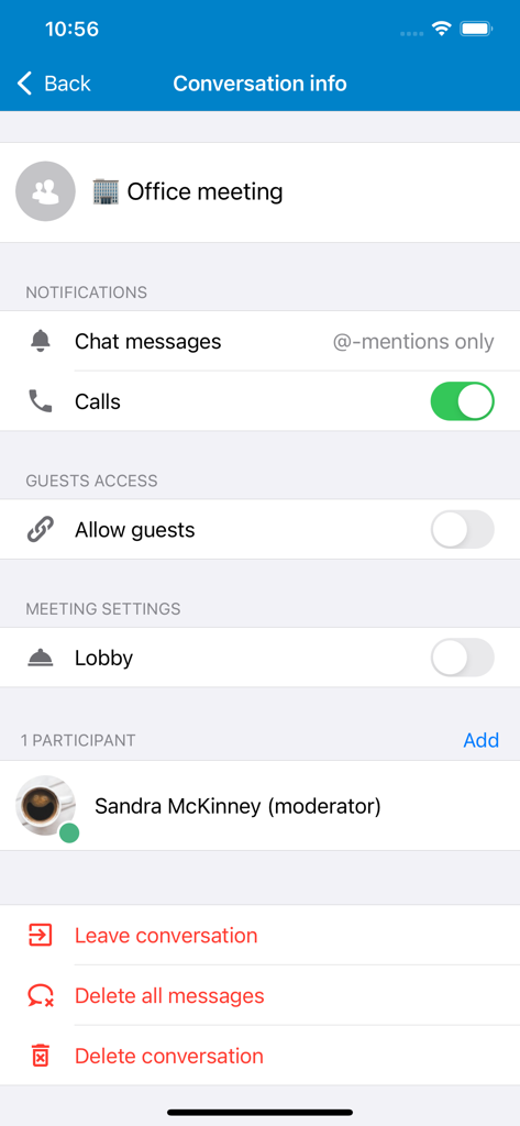 Nextcloud Talk - Nextcloud Talkアプリの画面。オフィスミーティングの会話情報とミーティング設定が表示されています。