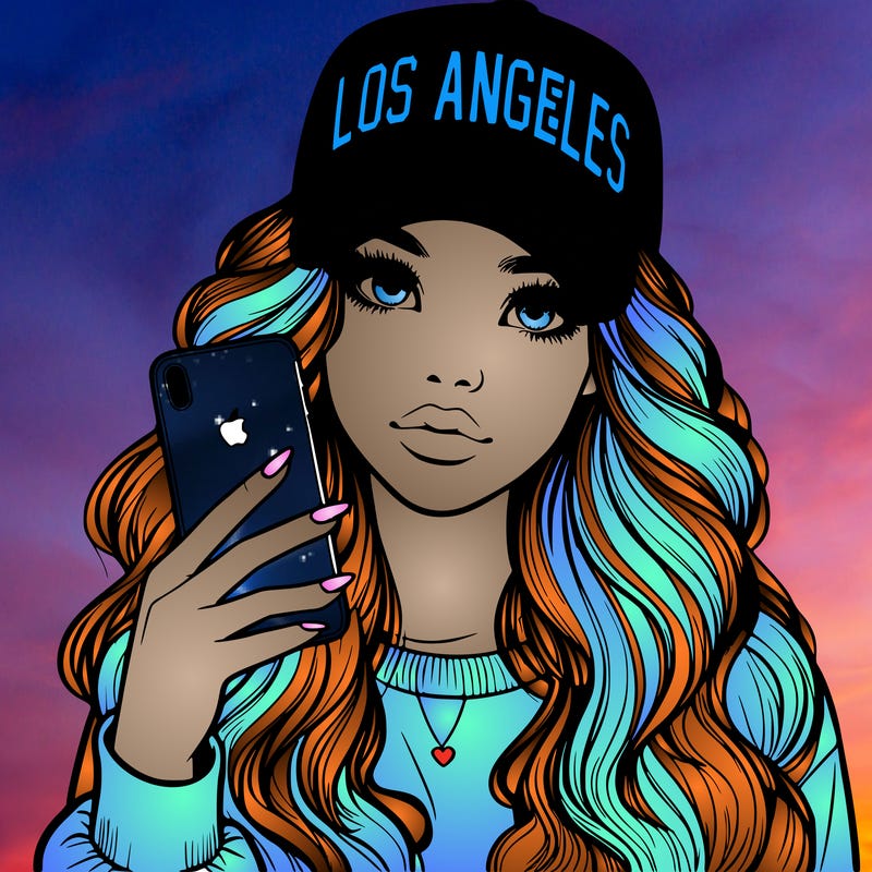 realistic beautiful girl wearing los ángeles cap holding an iphone