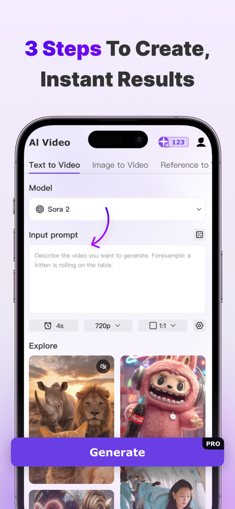 Aitubo: AI Video Generator - Aitubo mobile app interface showing the text-to-video generation feature with a prompt input field and AI-generated video samples.