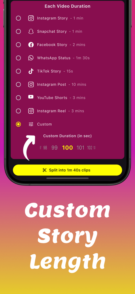 Split Video For Long Story - Mobile app interface showing options to split videos for Instagram Snapchat and custom story lengths