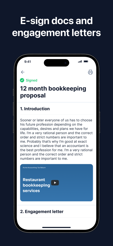 TaxDome Client Portal - A mobile interface for the TaxDome app showing a bookkeeping proposal ready for electronic signature
