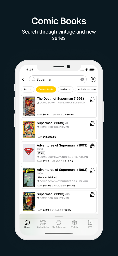 PriceCharting app screen showing Superman comic book search results with raw and graded market values