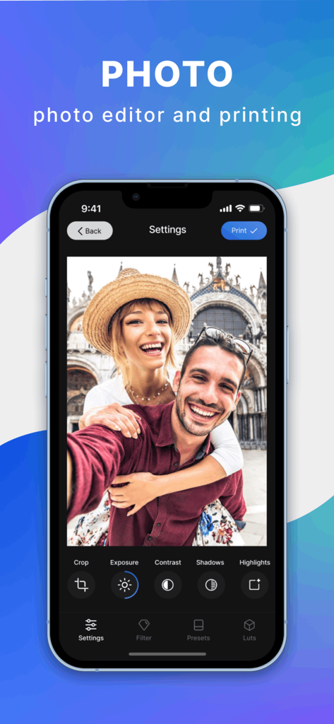 Epsom Printer app interface showing photo editing tools and a print button on an iPhone