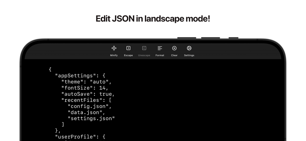 JSON Utilities - JSON-Code-Editor im Querformat auf dem iPhone mit Dunkelmodus-Oberfläche