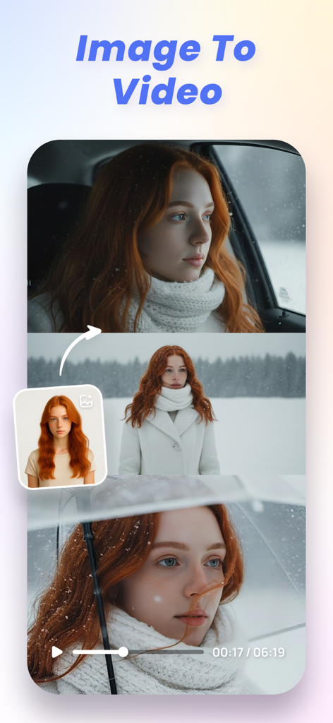 VikPea - AI Video Enhancer - Interface de l'application VikPea présentant la fonctionnalité Image vers Vidéo avec des scènes cinématographiques d'une femme aux cheveux roux