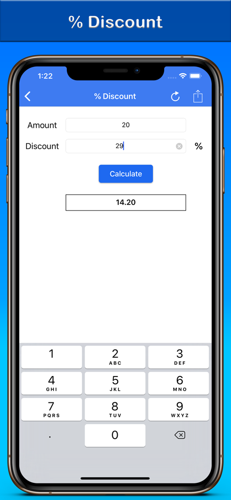 % Percentage Calculator - iPhone screen showing a percentage discount calculator with a 29 percent discount applied to an amount of 20