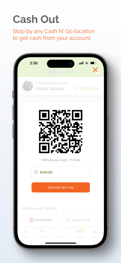 Pantalla de la aplicación Cash N GO que muestra la función de retiro de efectivo con un código QR de retiro