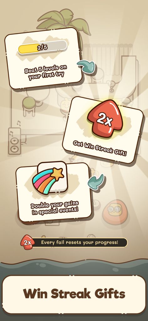 Pantalla de regalos y recompensas de racha de victorias para el juego de puzles de lógica ¿Dónde está mi asiento?.