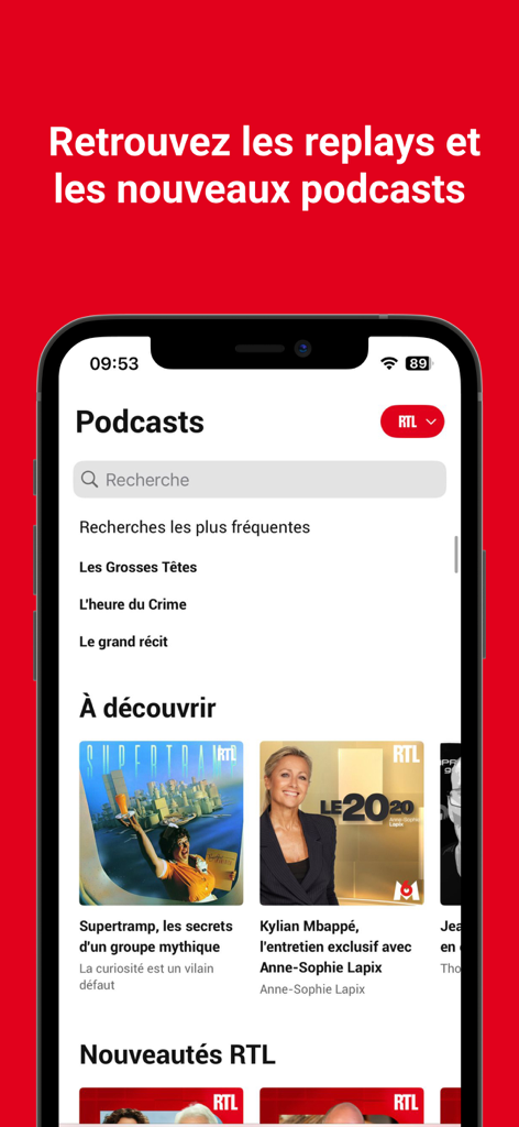 RTL mobile app screen showing the podcasts and replays discovery section in French