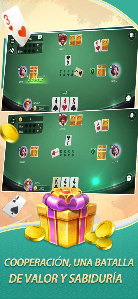 Truco Juntos - Gameplay screenshot of Truco Juntos showing a 2v2 cooperative card match with player avatars and a golden gift box