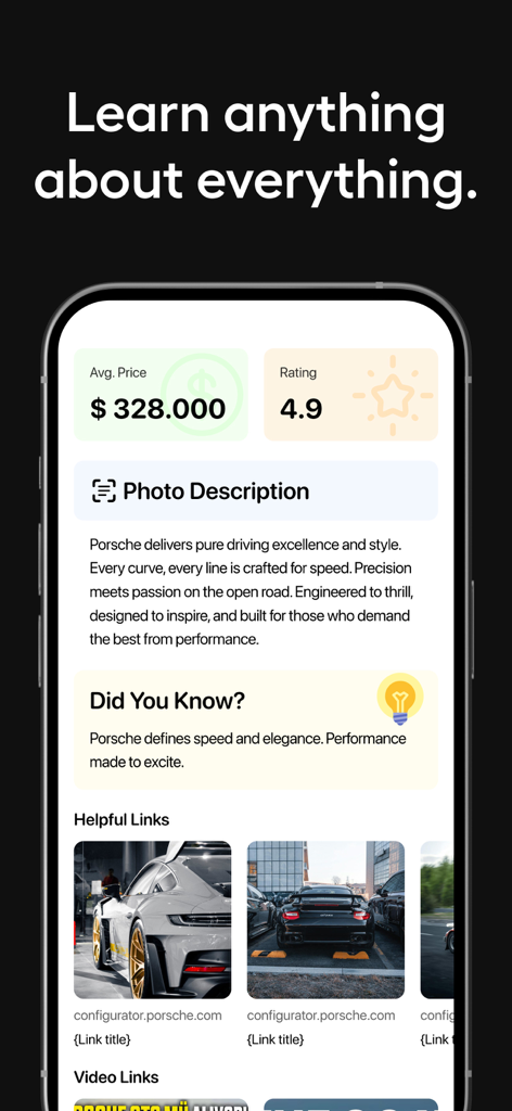 AI Lens & Identifier - AnyScan - AnyScan app interface displaying price and description for an identified Porsche sports car