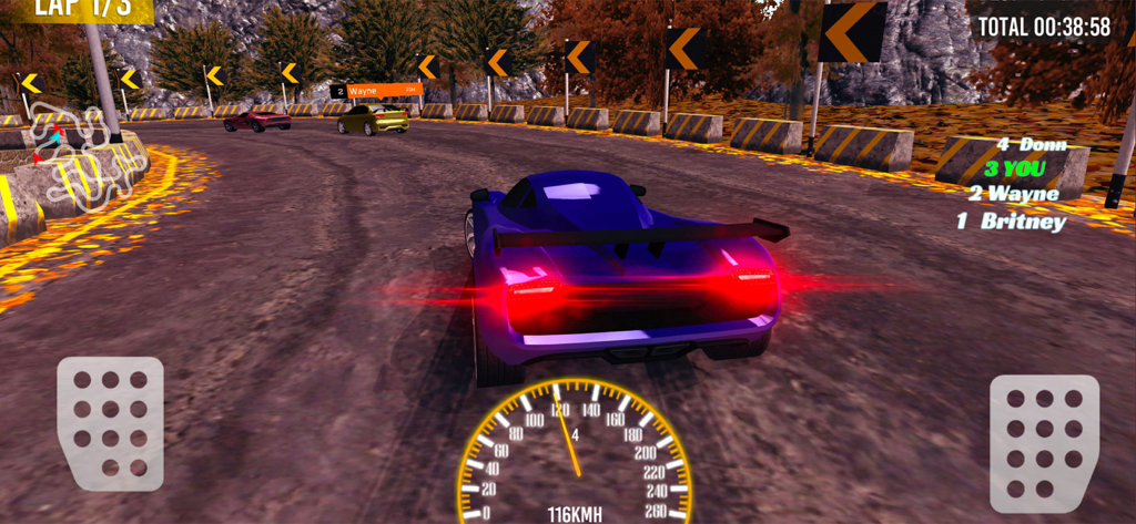 Mountain Race - Real Racing - A purple sports car racing on a winding mountain road with a speedometer and leaderboard visible in the game interface.