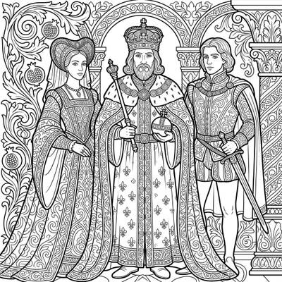 Discover the majesty of the Renaissance with this intricate adult coloring page featuring powerful kings, queens, and princes. Dive into a world of historical elegance and detailed patterns designed for an engaging coloring experience.