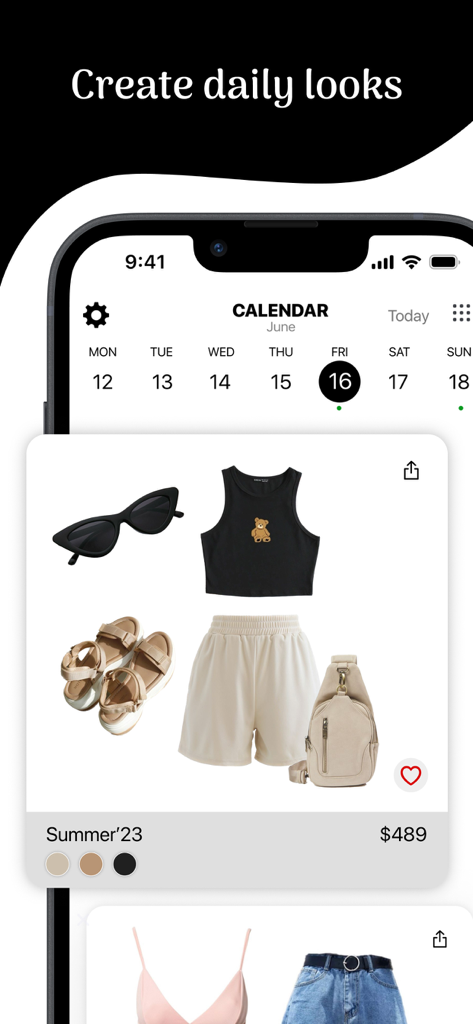 My Wardrobe app interface showing a daily outfit collage and calendar for fashion planning