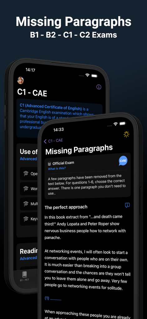 Use of English AI - Use of English AI app interface showing a C1 CAE Missing Paragraphs exercise for Cambridge exam preparation.