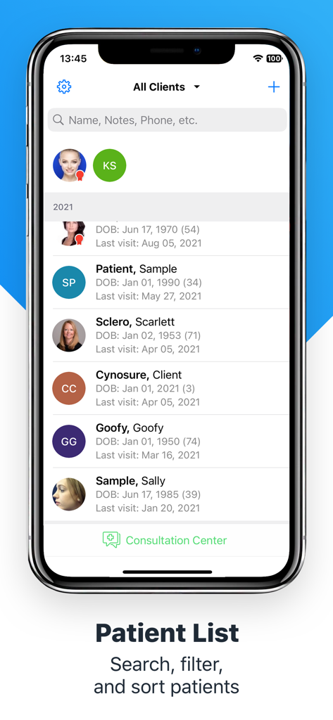 Aplicativo móvel RxPhoto mostrando uma lista de pacientes com funcionalidade de busca e filtro para médicos